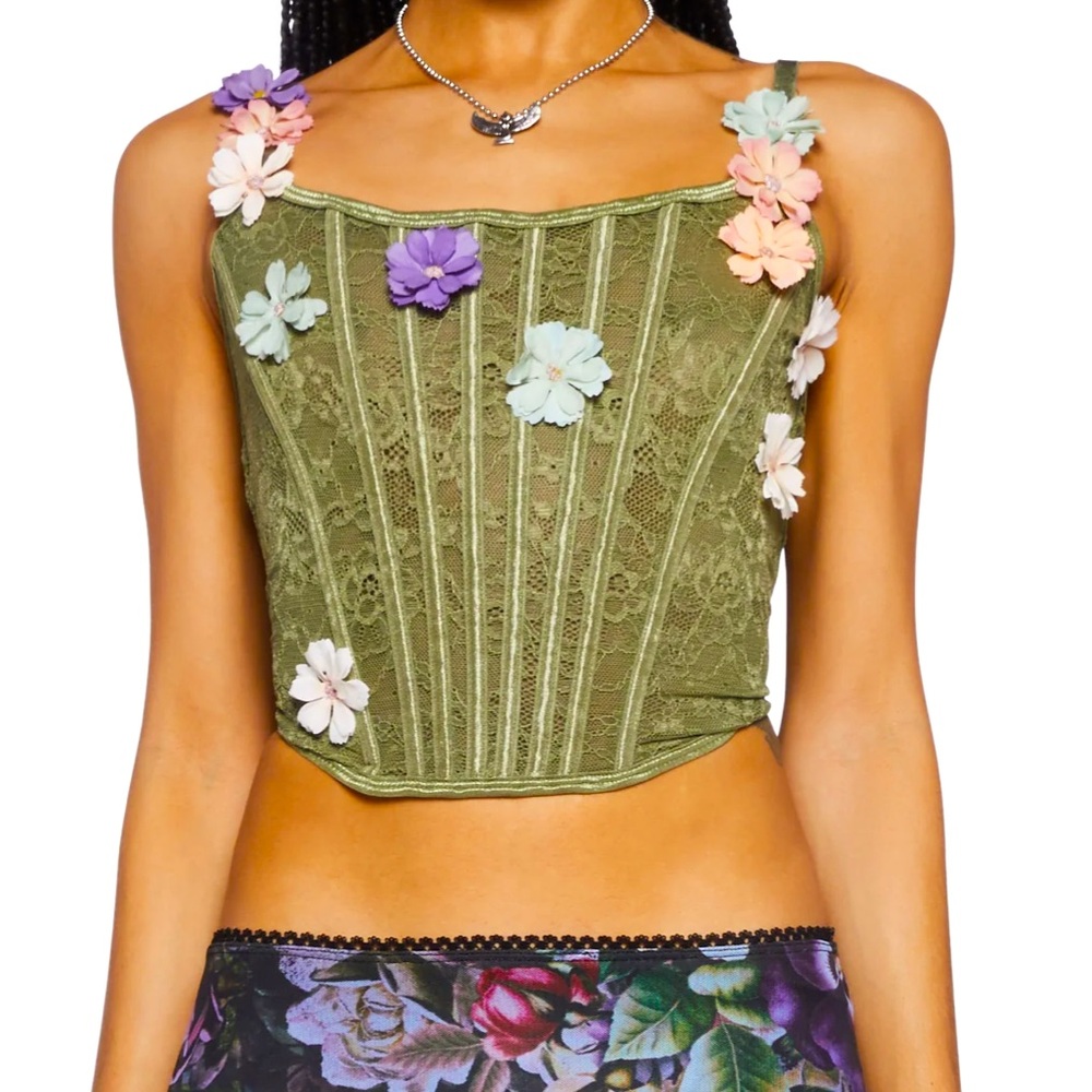 Current Mood Olive Green Floral Appliqué Lace Corset Crop Top
